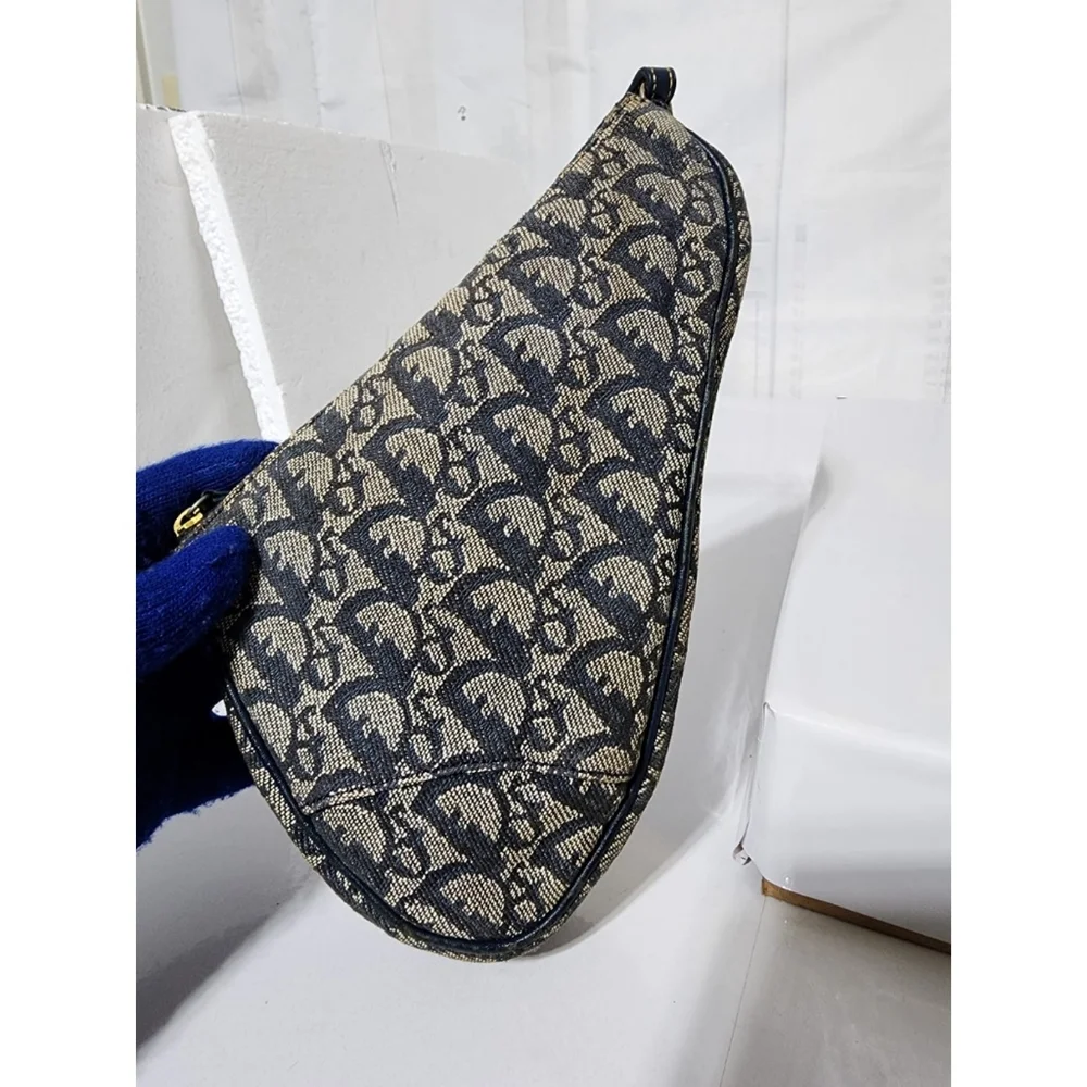 Christian Dior Vintage Oblique Canvas and Leather Saddle Pochette Bag Navy Blue/ - Picture 6 of 13